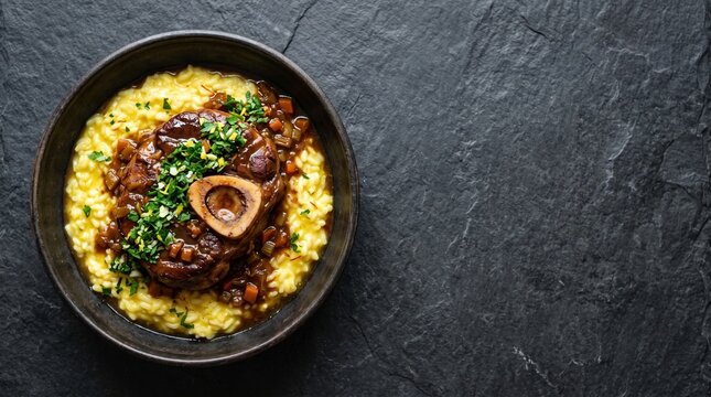 Classic Italian ossobuco braised veal shank served over vibrant yellow Milanese saffron risotto, garnished with fresh gremolata. High end gourmet restaurant main course presentation.