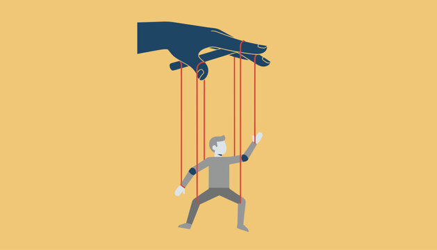 Large hand manipulating a puppet businessman with red strings, showing themes of control and authority.