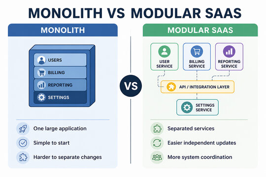 A diagram compares Monolith and Modular SaaS architectures, illustrating their components and characteristics.
