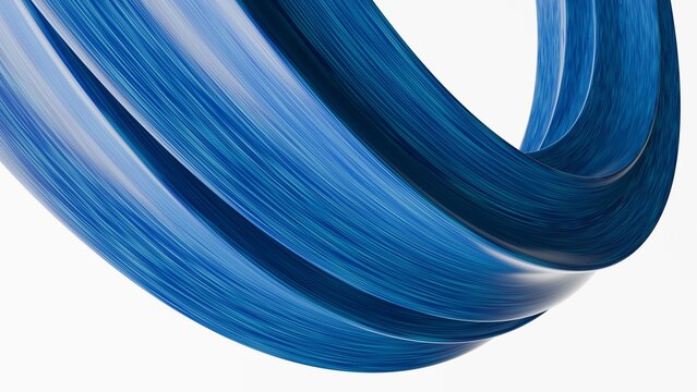 3D render of an abstract blue twisted torus ring with detailed fiber texture isolated on a white background. Minimalist dynamic wave design element