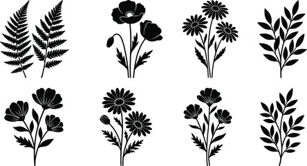 Floral silhouette vector set featuring wild flowers fern leaves and botanical elements isolated on white background © MDGOLAP