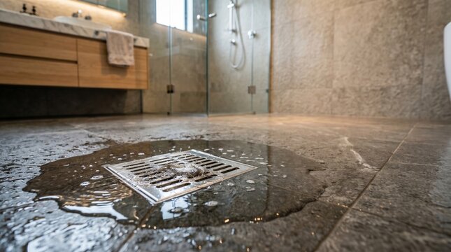 Clogged floor drain with hair and overflowing water in modern bathroom home problem.