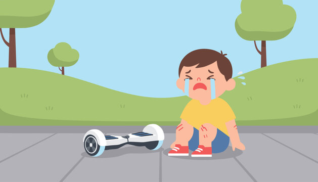 Young boy crying and sitting on the ground with scraped knees next to his white hoverboard in a green park.