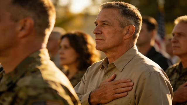 Patriotic Man with Hand on Heart, Honoring Flag and Country