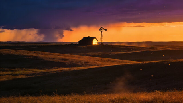 Isolated Farmhouse and Windmill at Sunset with Approaching Storm