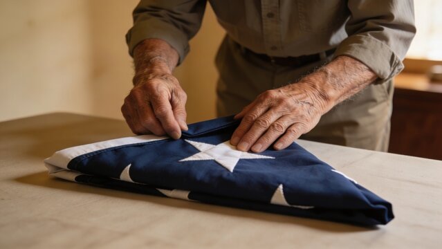 Elderly Man Folds American Flag with Respect on Table - Patriotism Concept