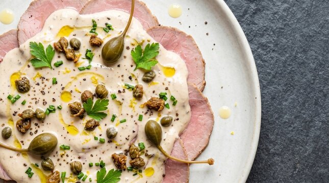 Vitello tonnato dish close up gourmet italian appetizer sliced roast veal with creamy tuna sauce capers parsley fine dining catering luxury presentation food photography background