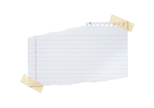 Torn piece of lined notebook paper secured with tape isolated on transparent background for notes