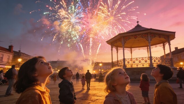 Children Watching Colorful Fireworks Display at Dusk in Town Square