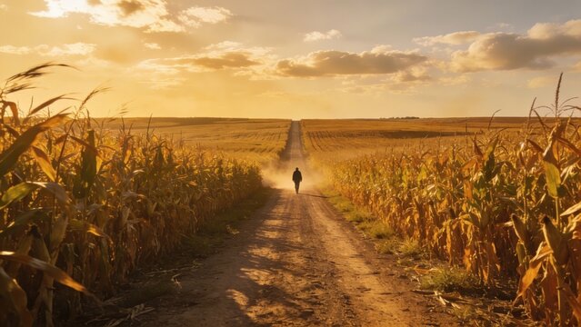 Farmer walking on dusty dirt road through cornfield at sunset, rural landscape
