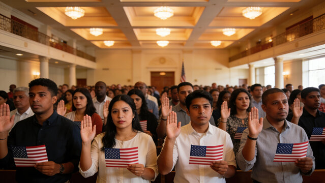 Diverse Group of New Citizens Swearing Allegiance to USA Holding American Flags