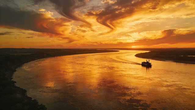Golden Sunset River Cruise: Boat Navigates Scenic Waterway