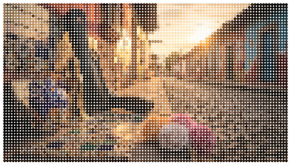 Pixel art cityscape at sunset with tall buildings and busy streets © Ramzan