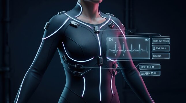 Woman wearing futuristic black bodysuit with glowing white lines and health monitoring interface