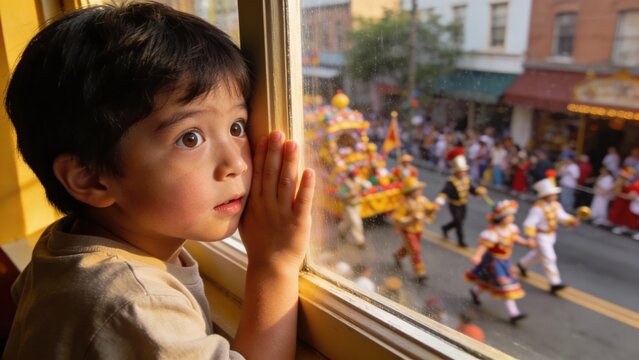 Young boy peeking out window at colorful street parade, amazed expression