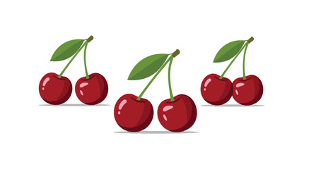 Three clusters of ripe red cherries with green leaves are shown in a flat vector style against a clean white background. © MD