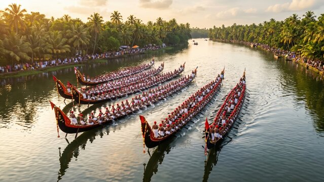 Onam Snake Boat Race Aerial View &ndash; Kerala Backwaters Vallam Kali Festival
