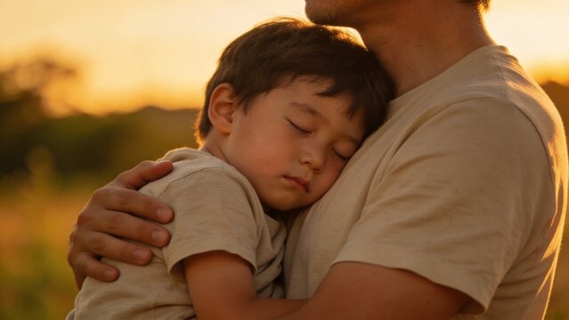 Father Embracing Sleeping Son at Sunset, Warm Golden Hour Light, Family Love