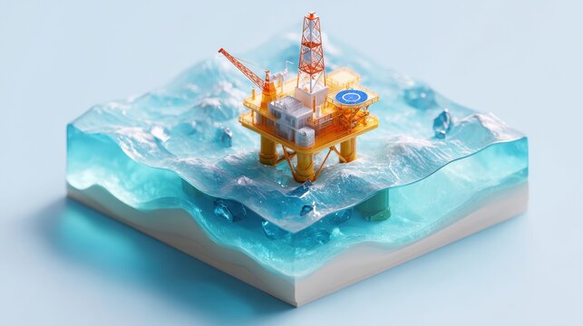 Detailed Model of Oil Rig on Calm Sea with Blue Background