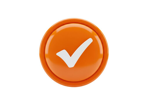 Glossy orange 3d button with white checkmark icon isolated on transparent background for web interface