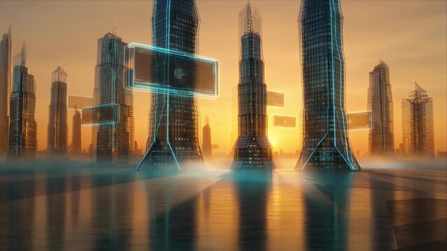Futuristic city skyline digital interface hologram skyscraper tower architecture concept art at sunset and sunrise with neon window glow reflection on water mist atmosphere tranquil fantasy