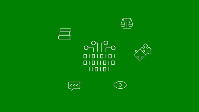 AI Components of Intelligence: Learning, Reasoning, Problem Solving, Perception, and Language - Minimal Flat Design Motion Graphics Clip, Green Screen, Loopable, 7.5% Gray