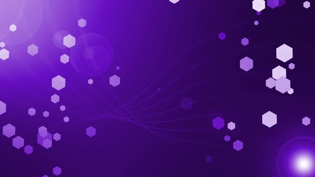 Abstract colorful background with hexagonal bokeh and flowing light streaks animation, lens flares and scattered hexagon shapes
