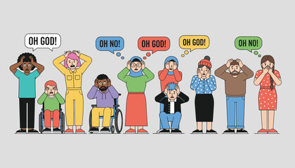 Fototapeta premium Group of diverse young and senior people expressing panic, shock, and anxiety with speech bubbles of distress and worry.