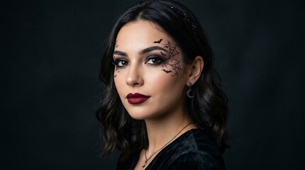 Naklejka premium Halloween makeup portrait woman with spiderweb and bat face paint
