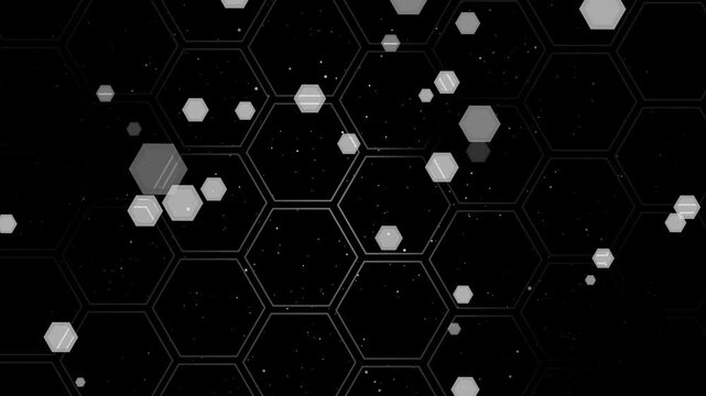 Glowing hexagonal tiles and floating hexagon particles over a dark grid background animation
