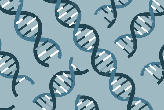 Science genetics seamless background pattern with diagonal rows of blue DNA double helix models on soft gray.