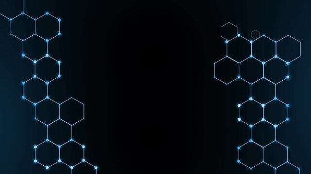 Dark tech background with neon hexagonal molecular network frames animation