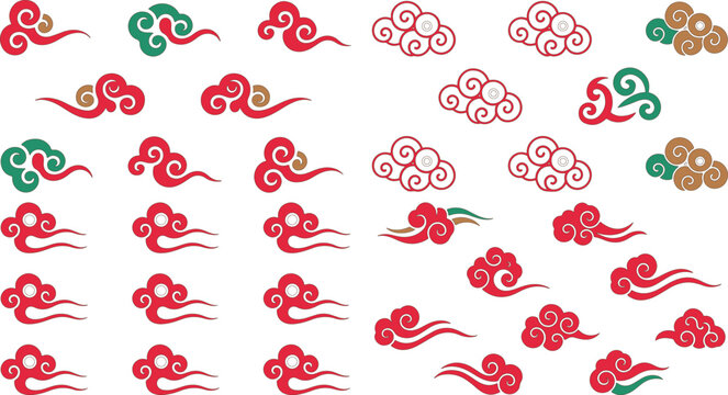 colorful asian style clouds pattern with red green and brown swirls on white background