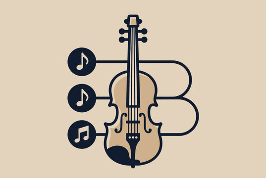 Classical acoustic violin musical instrument illustration with stylized sound wave staff and floating musical notes.