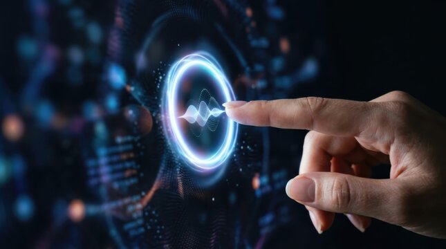 Woman finger touching digital interface with glowing voice assistant wave. Ai technology and innovation concept. Chatbot communication and interactive virtual data control for business.