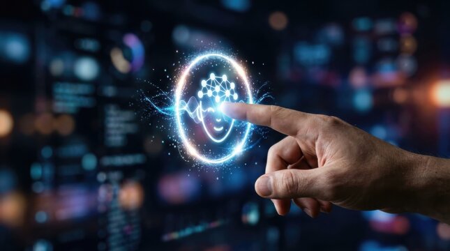 Man touching virtual artificial intelligence head icon. Digital chatbot assistant interface. Neural network and machine learning technology for modern business process automation concept.