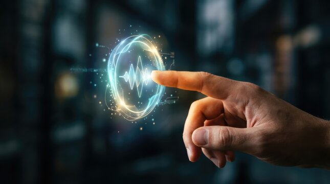 Man finger touching virtual voice assistant interface with glowing sound wave. AI technology and digital communication concept. Innovation in speech recognition and smart control system.