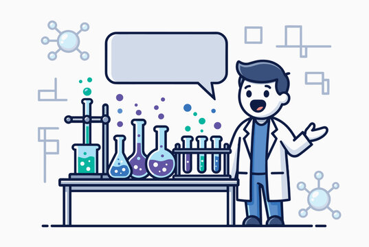 Young male cartoon scientist stands in a laboratory with colorful test tubes and a blank speech bubble above.
