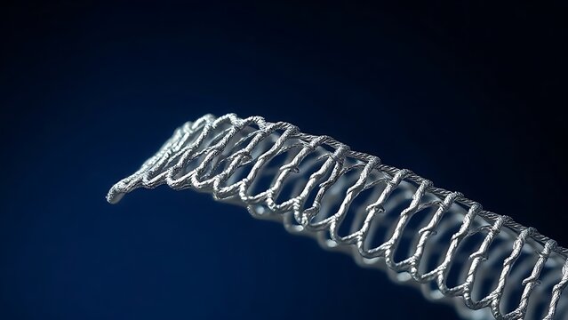 Ultra-fine metallic mesh stent showing intricate lattice on dark blue background.