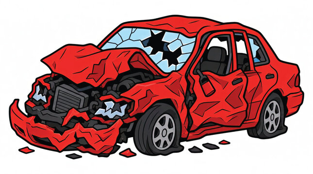 Damaged red car after accident scene.