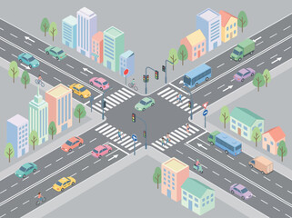 Obraz premium Isometric City Traffic Intersection with Cars, Bus, and Buildings
