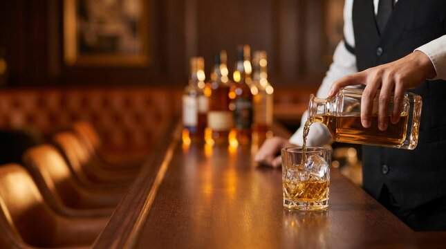 A bartender pouring whiskey into a glass filled with ice cubes in a dimly lit bar with bottles in the background