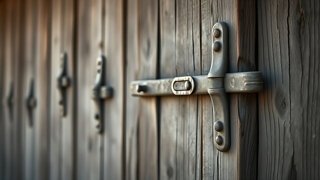 Weathered wooden barn door with aged metal hasps in morning light.