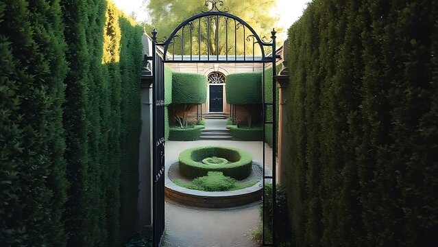 Victorian garden courtyard enclosed by tall privet hedges and a gate.