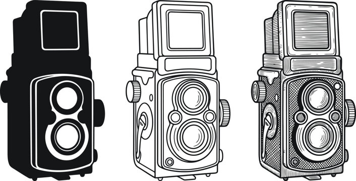 Three vintage twinlens reflex film cameras in silhouette outline and detailed line art vector illustration for classic photography concepts