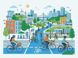 Naklejka premium Eco City Lifestyle: People cycling on bike paths in a green urban cityscape with modern buildings