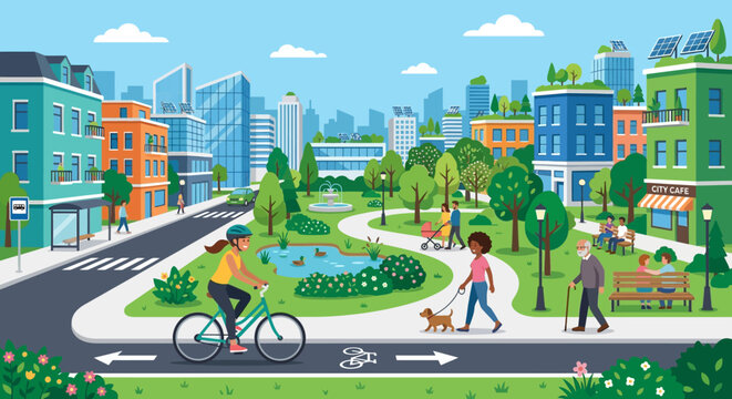 Eco-friendly cityscape with people enjoying a green urban park and cycling path