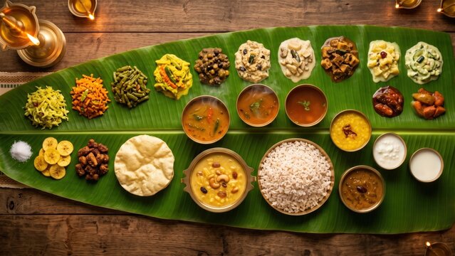 Traditional Onasadya Feast on Banana Leaf &ndash; Kerala Onam Festival Food Spread