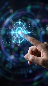 Man touches glowing digital interface representing artificial intelligence. Futuristic chatbot system with holographic circular data hud. Advanced technology for smart automation and innovation.