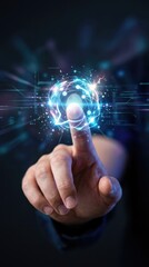 Fototapeta premium Person touching digital fingerprint hologram with speech bubble icon. Artificial intelligence interaction, biometric security and cyber communication concept for innovative technology.
